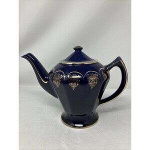 Hall USA Teapot Cobalt Blue & Gold 0223 Blue w Gold Trim 6 Cup Albany Model